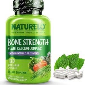 NATURELO Bone Strength – All-in-One Balanced Formula – Plant-Based Calcium, Magnesium, Potassium, Vitamin D3, K2 and Vitamin C – 120 Vegan Capsules | 1 Month Supply