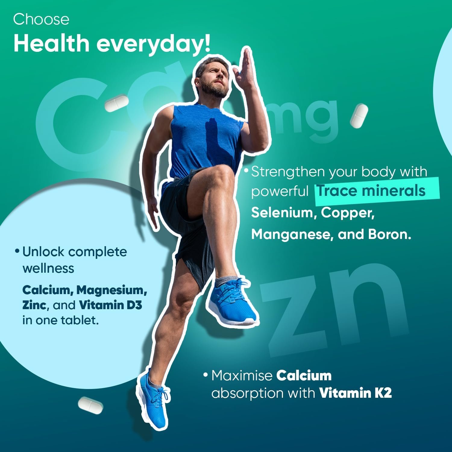 Calcium Magnesium Zinc and Vitamin D Supplement | 1+ Year Supply | 400 Vegan Tablets | 1414mg per 2 Tablets - with Zinc, Selenium & Vitamin K2 - for Bones, Teeth & Muscle Function (EFSA Claims) - Image 2