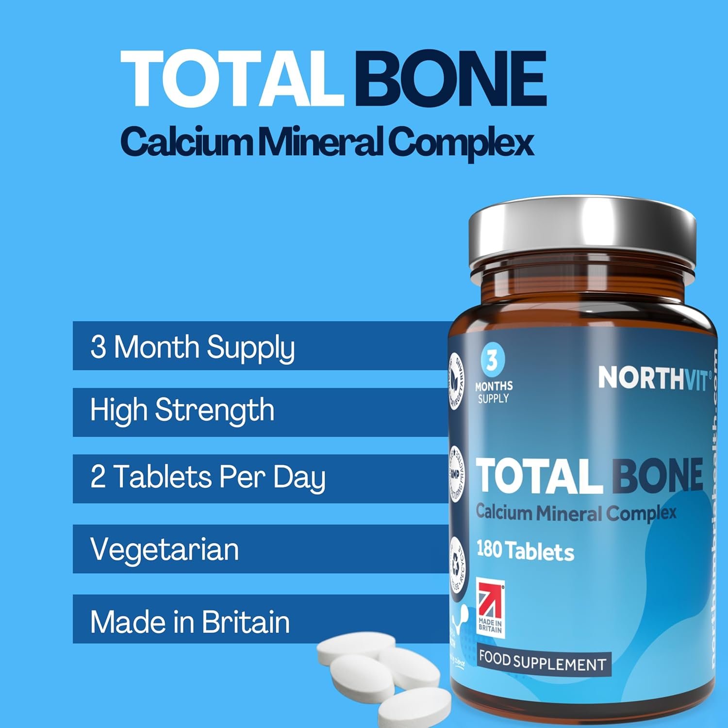 Total Bone® Calcium Magnesium Zinc & Vitamin D3 Supplement – 180 Vegetarian Tablets – 3 Month Supply High Strength Osteo Tablets – Strong Bones & Teeth – Calcium Mineral Complex - Image 2