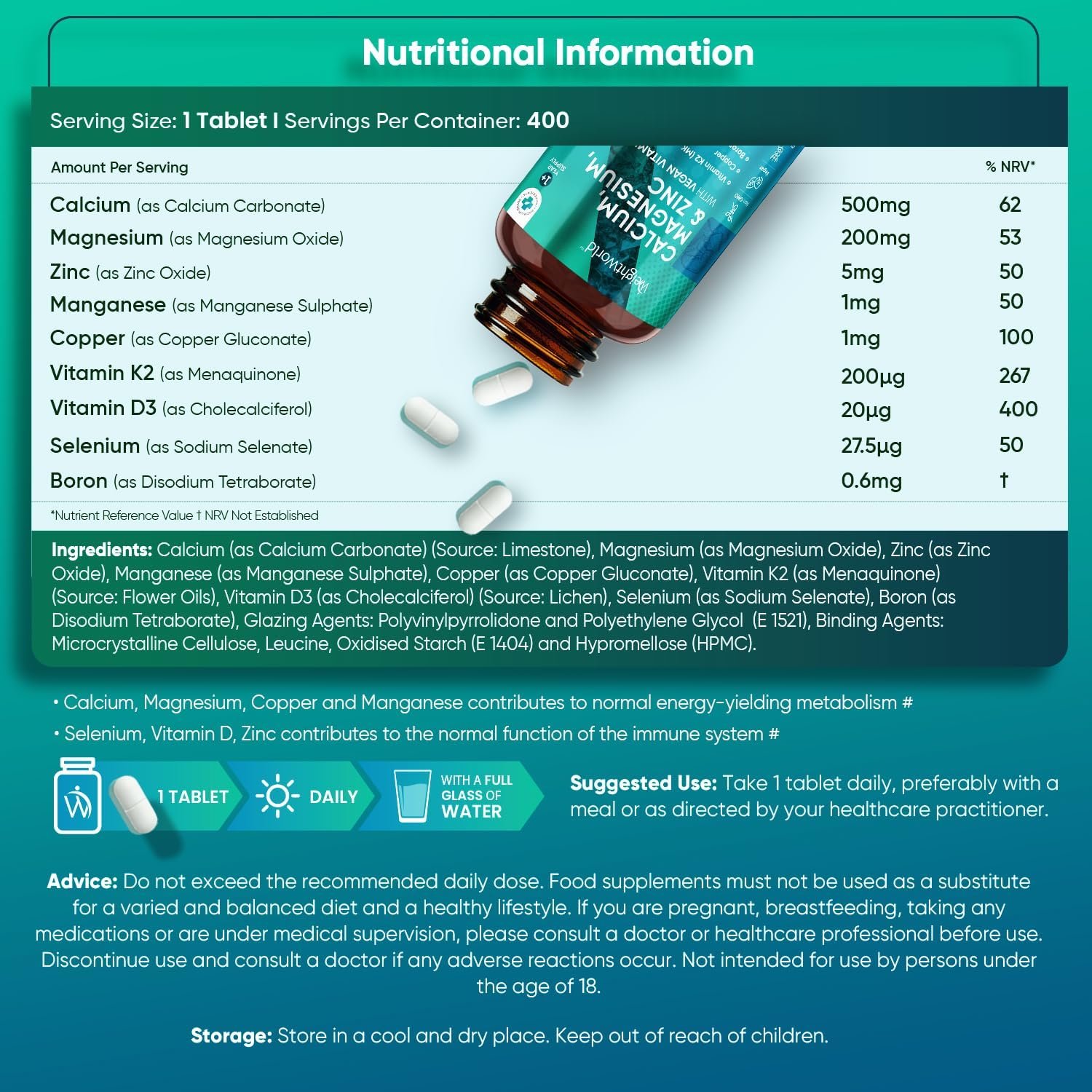 Calcium Magnesium Zinc and Vitamin D Supplement | 1+ Year Supply | 400 Vegan Tablets | 1414mg per 2 Tablets - with Zinc, Selenium & Vitamin K2 - for Bones, Teeth & Muscle Function (EFSA Claims) - Image 6
