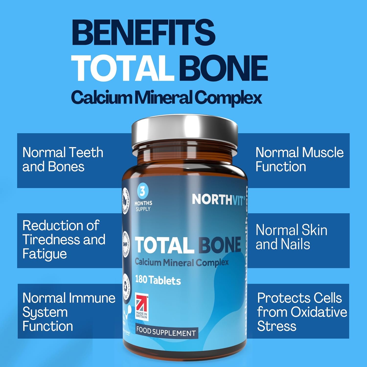 Total Bone® Calcium Magnesium Zinc & Vitamin D3 Supplement – 180 Vegetarian Tablets – 3 Month Supply High Strength Osteo Tablets – Strong Bones & Teeth – Calcium Mineral Complex - Image 3